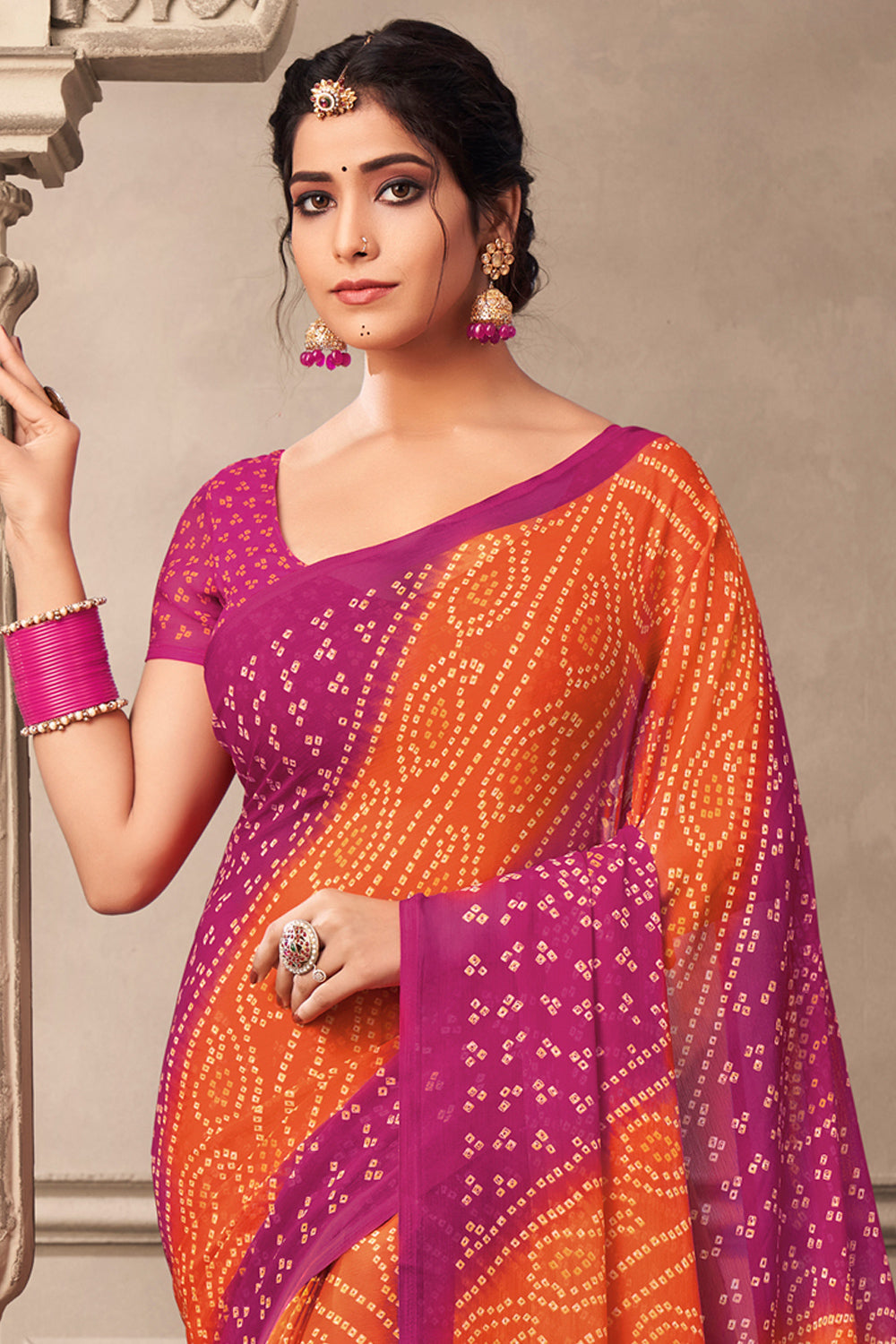 Orange & Pink Saree \w Black Border & Black Sequins - Optional Ready Blouse  #25009 | Buy Indian Sarees Online