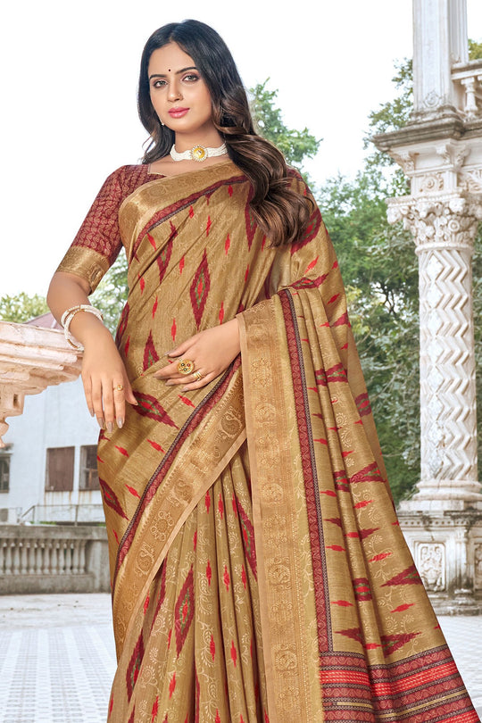Beige And Maroon Dola Saree