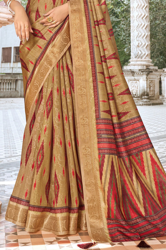 Beige And Maroon Dola Saree