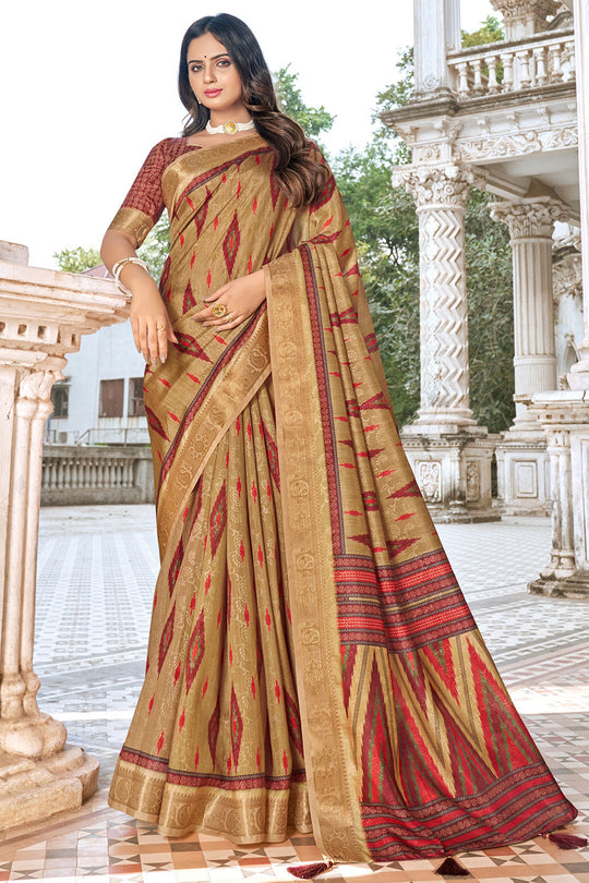 Beige And Maroon Dola Saree