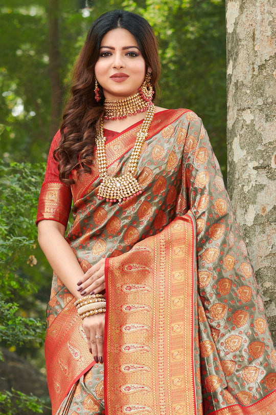 Grey And Red Kanjivaram Silk Saree