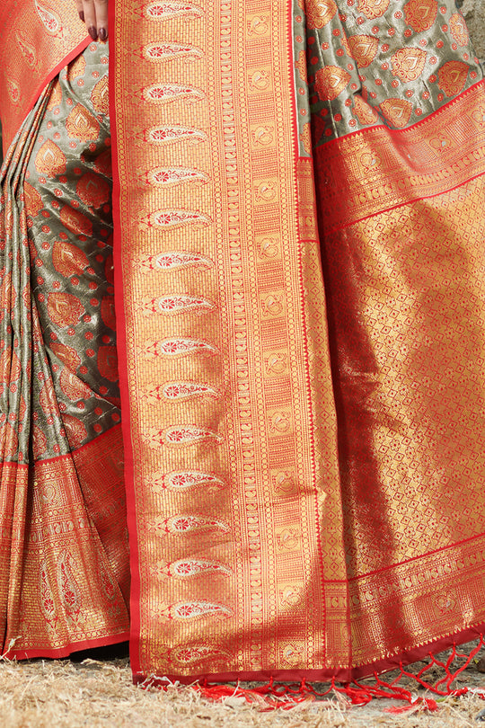 Grey And Red Kanjivaram Silk Saree