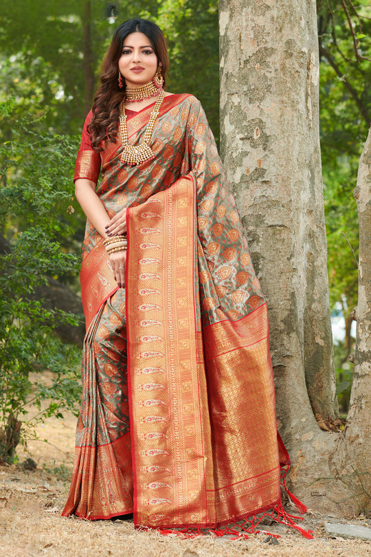 Grey And Red Kanjivaram Silk Saree
