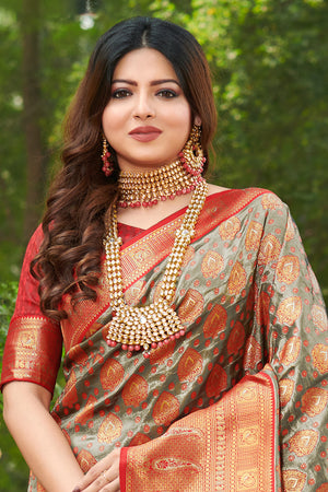 Grey And Red Kanjivaram Silk Saree