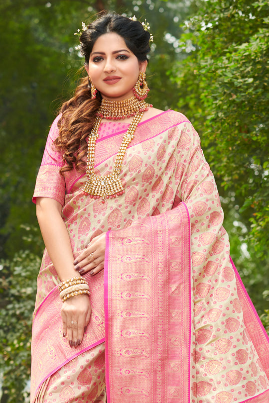 Beige And Pink Kanjivaram Silk Saree
