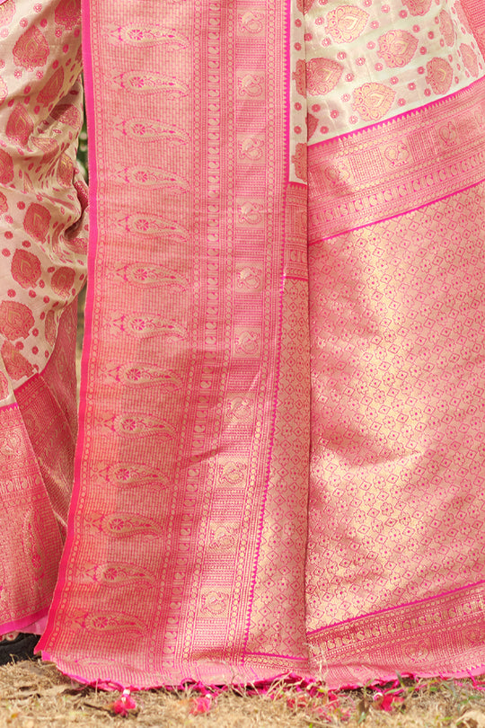 Beige And Pink Kanjivaram Silk Saree