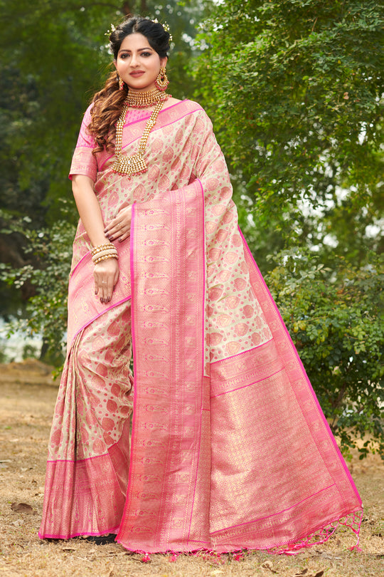 Beige And Pink Kanjivaram Silk Saree
