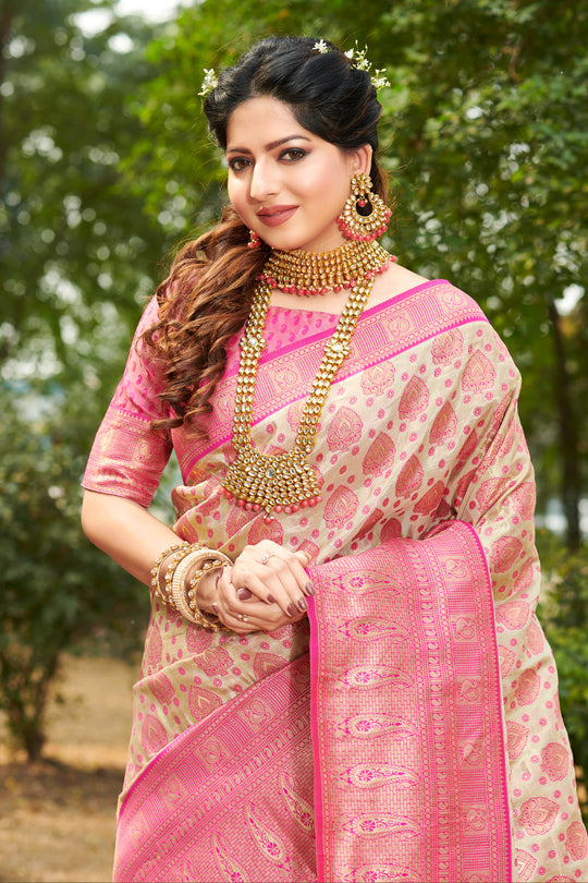 Beige And Pink Kanjivaram Silk Saree