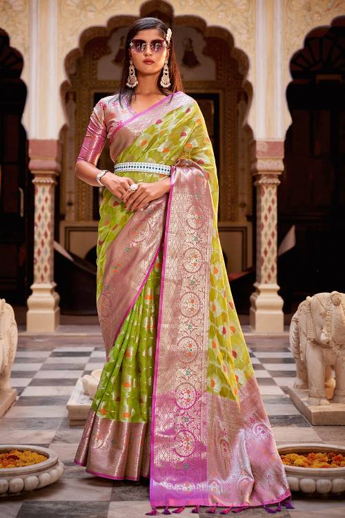 Pink-Pista Green Pure Katan Silk Banarasi Shikargah Handloom Saree - Tilfi