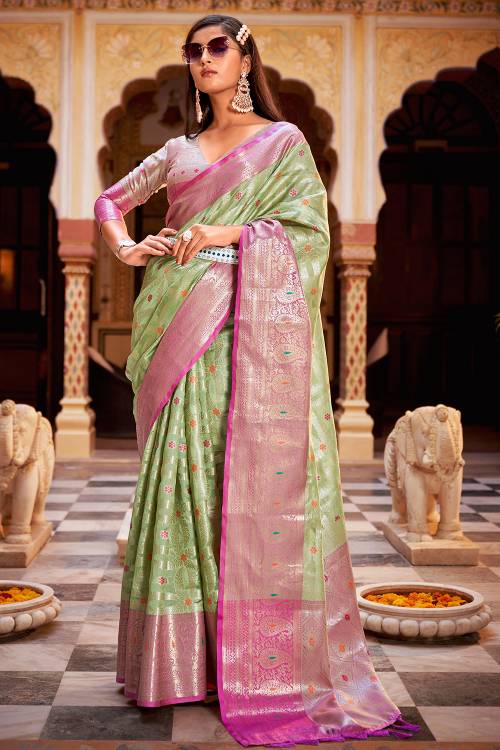 Kelly Green With Pink Pallu And Border Pure Soft Silk Saree – BharatSthali