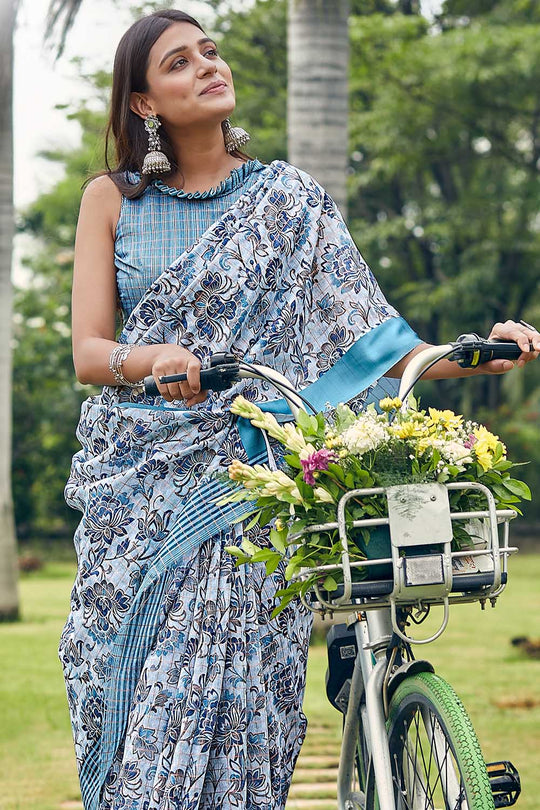 Baby Blue Linen Blend Saree