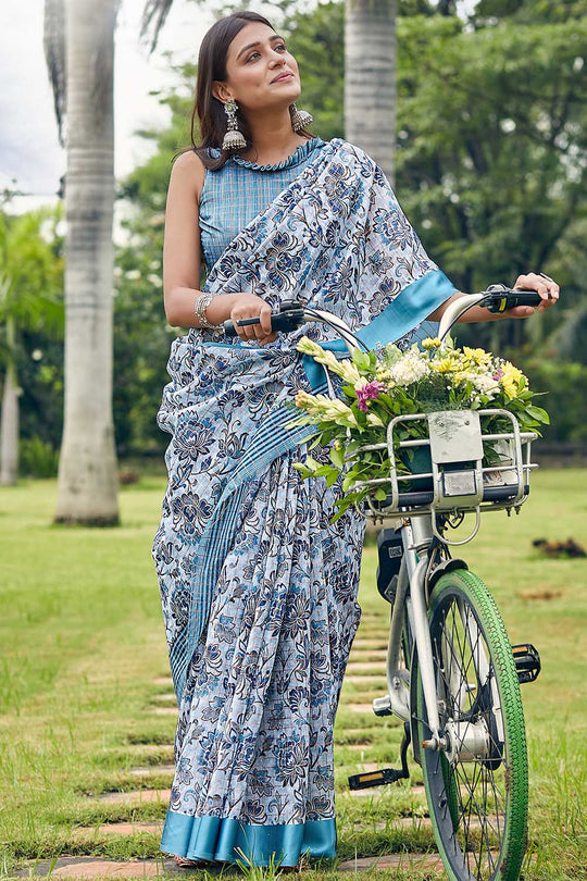 Baby Blue Linen Blend Saree