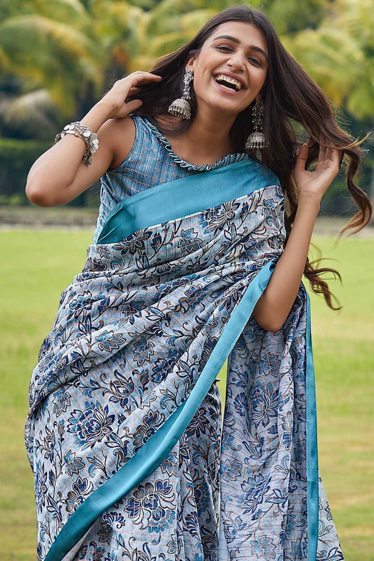 Baby Blue Linen Blend Saree