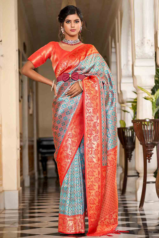 Blue And Orange Banarasi Saree