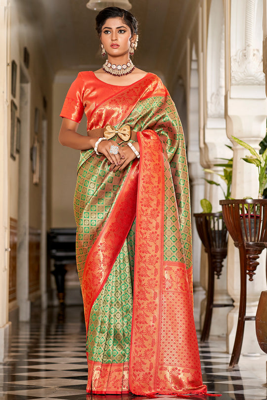 Green And Red Banarasi Saree