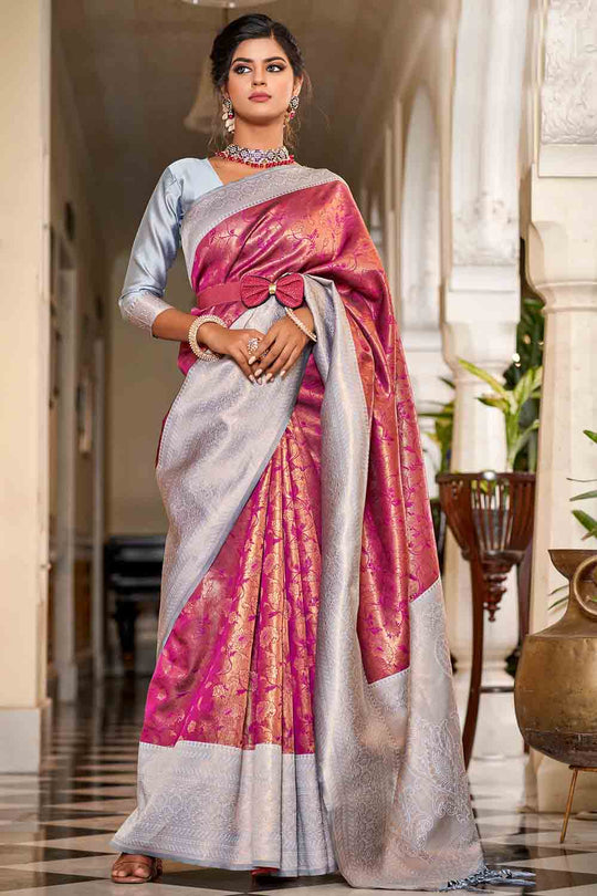 Maroon And Grey Banarasi Saree