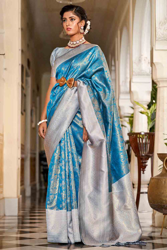 Blue And Grey Banarasi Saree