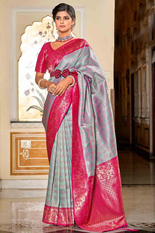 Grey And Pink Banarasi Saree