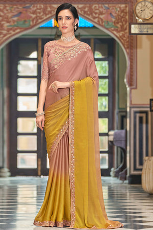 Peach And Yellow Silk Saree