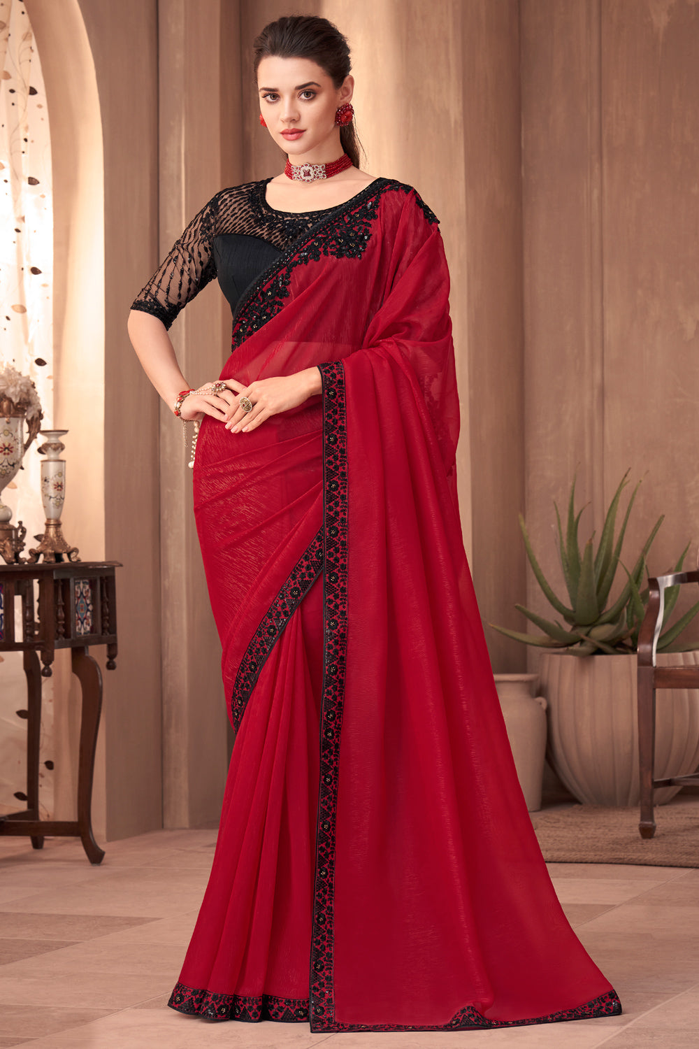 Womens Designer Ruby Red Soft Organza Silk Saree with Gold Zari Weaving  Blouse  vsaree  4081336