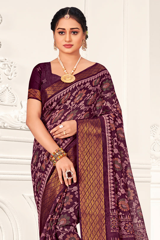 Wine And Beige Cotton Saree
