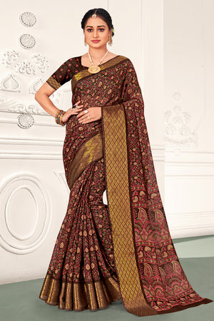 Brown And Beige Cotton Saree