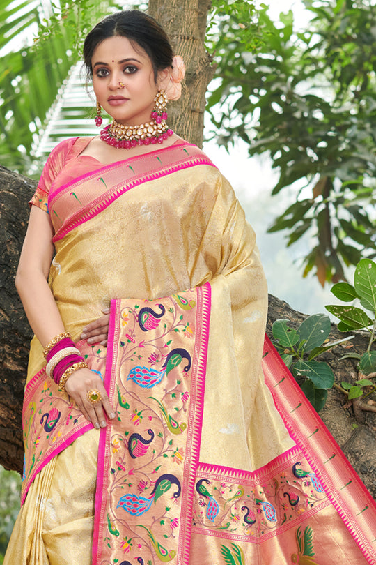 Buttermilk Beige Paithani Saree