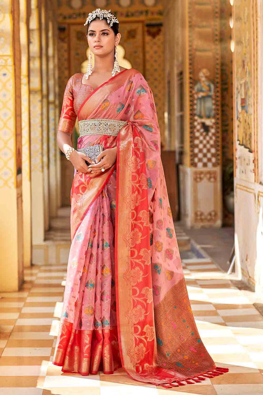 Pink And Red Banarasi Saree