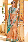 Peach And Blue Banarasi Saree