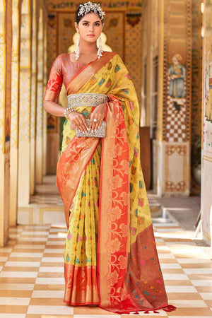 Yellow And Red Banarasi Saree
