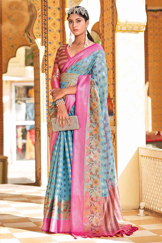 Blue And Pink Banarasi Saree