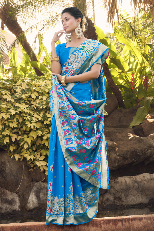 Cyan Blue Banarasi Saree