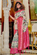 Off White And Pink Banarasi Saree