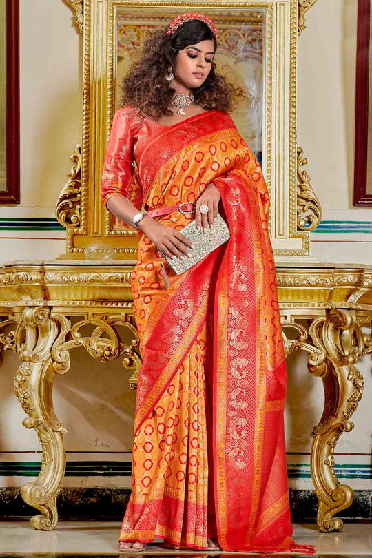 Orange And Red Banarasi Saree