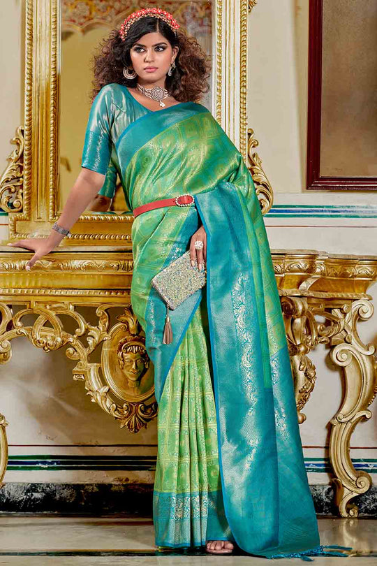 Lime Green And Blue Banarasi Saree