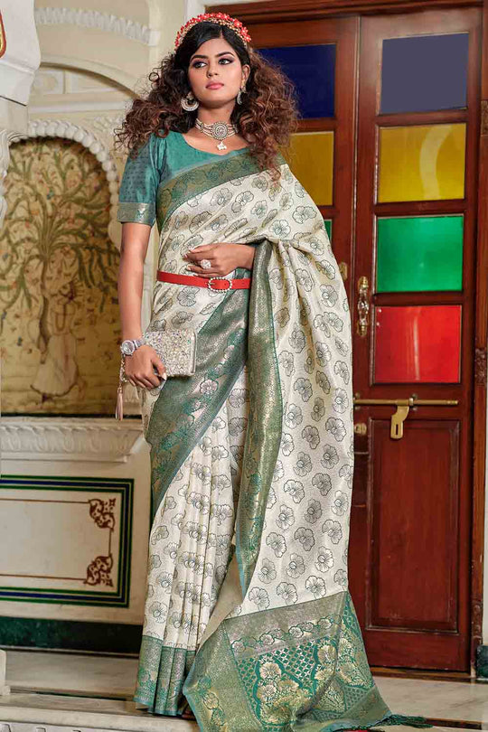 White And Green Banarasi Saree