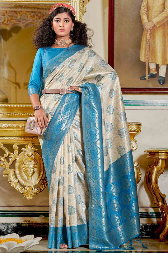 White And Blue Banarasi Saree