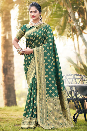 Bottle Green Banarasi Saree
