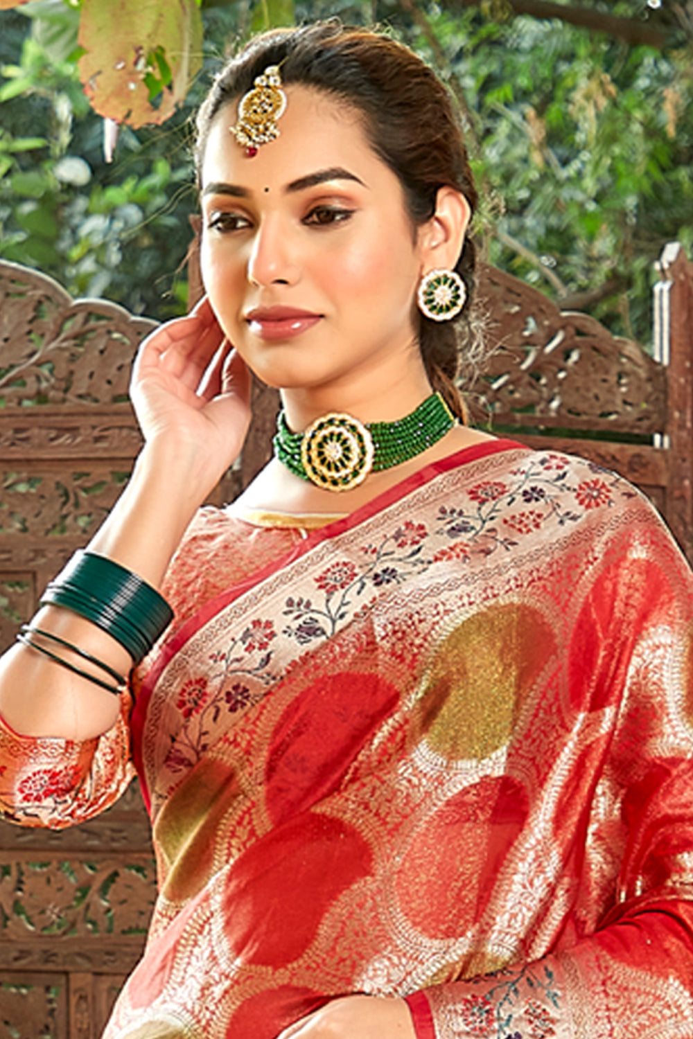 Woven Banarasi Red Silk Saree – Meena Bazaar
