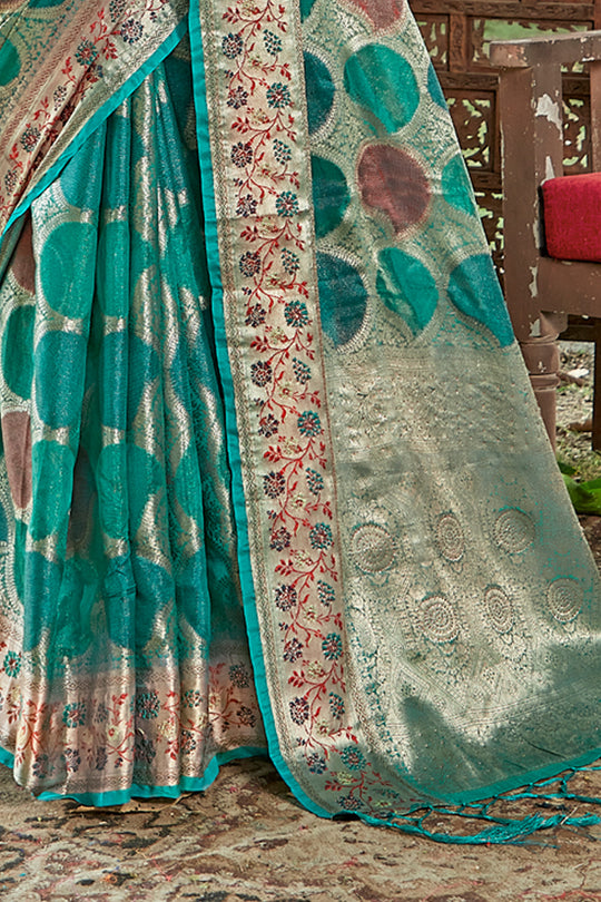 Teal Blue Organza Saree