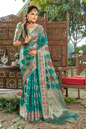 Teal Blue Organza Saree