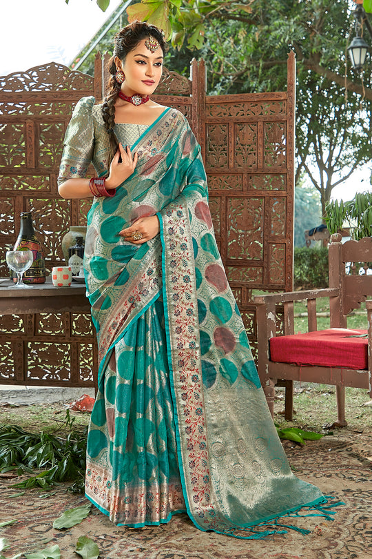 Teal Blue Organza Saree