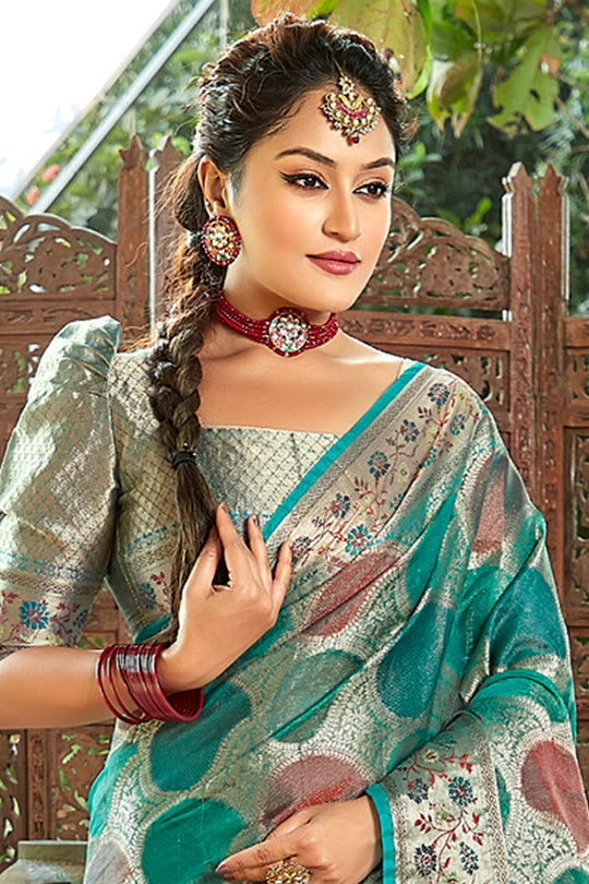 Teal Blue Organza Saree