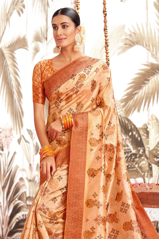 Cantaloupe Orange Silk Digital Print Saree