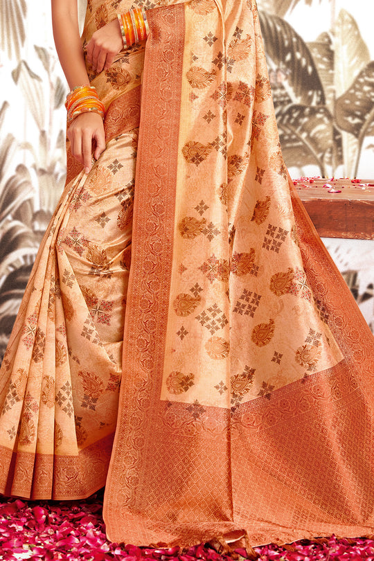 Cantaloupe Orange Silk Digital Print Saree