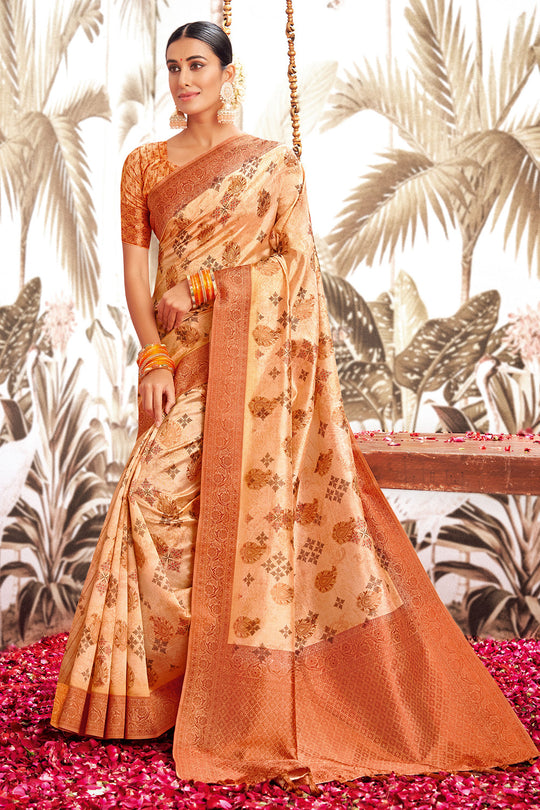 Cantaloupe Orange Silk Digital Print Saree