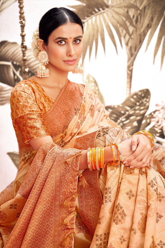 Cantaloupe Orange Silk Digital Print Saree