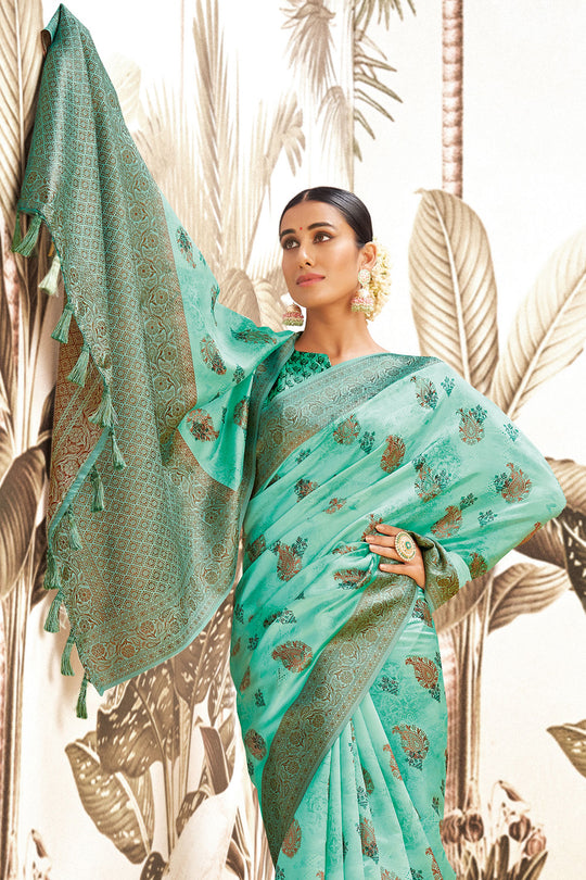 Turquoise Green Silk Digital Print Saree