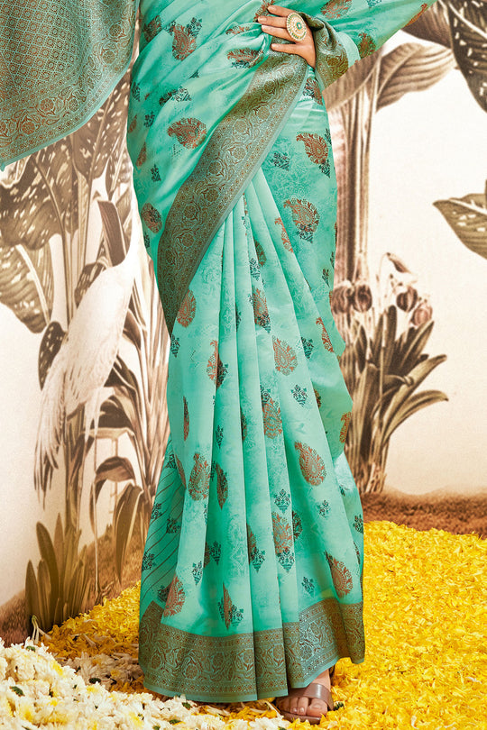 Turquoise Green Silk Digital Print Saree