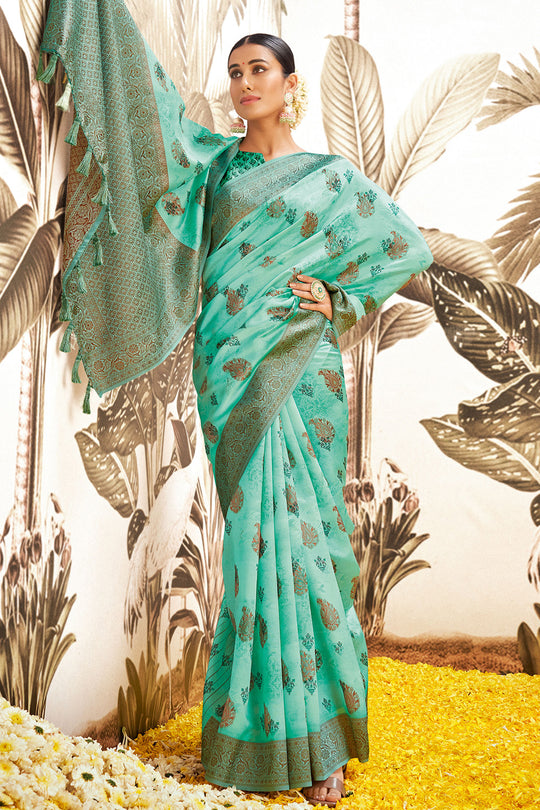 Turquoise Green Silk Digital Print Saree